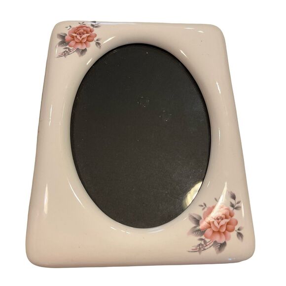 Vtg Ceramic Victorian Rose 8.75x6.75 Photo Frame Oval Inset Tabletop White - Picture 1 of 9